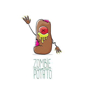 vector funny cartoon cute brown zombie potato isolated on white background. Halloween monster vegetable funky character