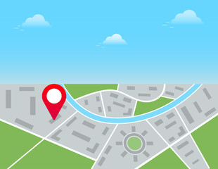 Red pin marker showing location on city map, gps navigation, route destination check point.