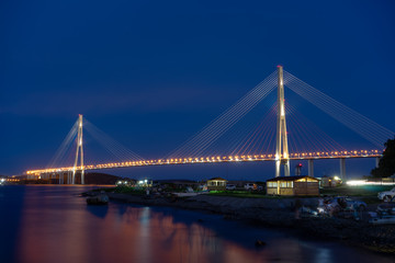 Vladivostok, Russia. Night landscape with views of the Russian bridge.