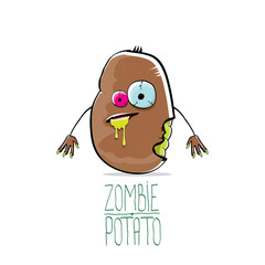 vector funny cartoon cute brown zombie potato isolated on white background. Halloween monster vegetable funky character