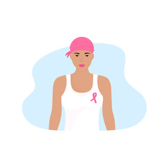 National Breast Cancer Awareness Month. Young woman with a scarf on her head and a pink ribbon on her chest.