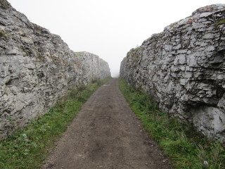 An earthen road (path) passing through rocky mountains and surrounded by a green path in autumn during fog.