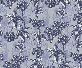 Seamless floral pattern with vine grapes and ornamental hand drawing decorative background. Ethnic seamless pattern ornament. Vector pattern. Print for textile, cloth, wallpaper, scrapbooking