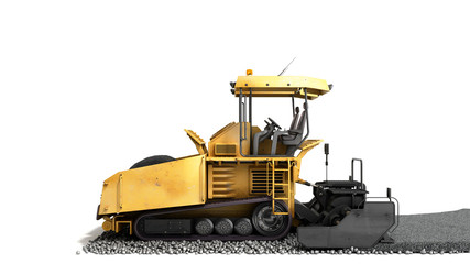 Yellow asphalt spreader machine lays asphalt 3d render on white