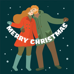 Christmas and New Year illustration with kissing couple. Vector retro style.