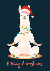 Christmas yoga llama meditates. Vector illustration. Funny festive greeting card. - obrazy, fototapety, plakaty