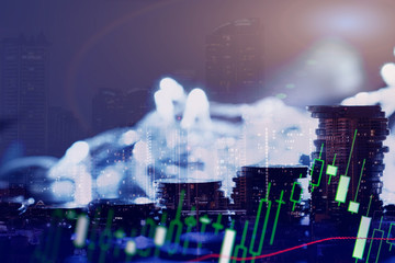 Financial investment concept, Double exposure of city night and stack of coins for finance investor, Forex trading candlestick chart economic , ECN Digital economy, business.