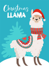 Funny winter card with a cartoon llama. Vector Christmas illustration with text. New Year's poster. © Tayisiya