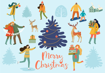 Collection of people, animals and winter decorative elements. Christmas and New Year's poster and card. Vector retro style illustration.
