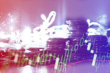 Financial investment concept, Double exposure of city night and stack of coins for finance investor, Forex trading candlestick chart economic , ECN Digital economy, business.