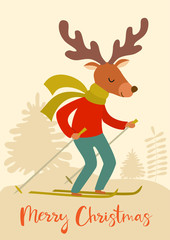 Obraz na płótnie Canvas Funny winter card with cartoon deer skier. Vector illustration with text. Christmas poster.