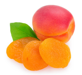 Fresh and dried apricot on white background