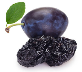 Fresh plums with prunes on white background