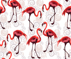 Seamless floral pattern with flamingo bird and ornamental hand drawing decorative background. Ethnic seamless pattern ornament. Vector pattern. Print for textile, cloth, wallpaper, scrapbooking