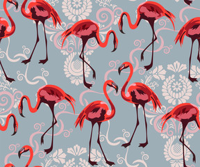 Tropical wildlife, flamingo bird, seamless pattern. Ethnic seamless pattern ornament. Vector pattern. Print for textile, cloth, wallpaper, scrapbooking