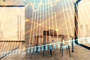 Forex chart hologram with minimalistic cabinet interior background. Double exposure. Stock market concept.