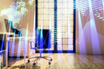 Forex chart hologram with map and minimalistic cabinet interior background. Double exposure. International business concept.