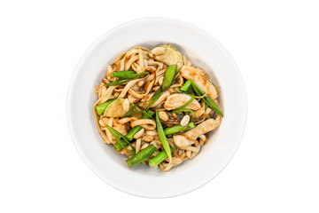 Wok noodles with toppings top view isolated on white background
