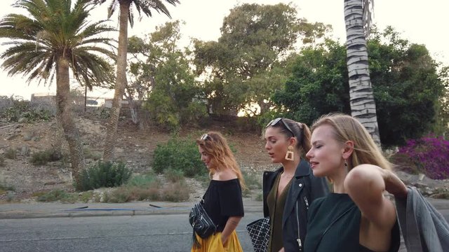 Beautiful Ladies in Street Fashion Wear Walking Along Street
