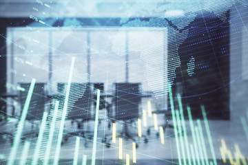 Double exposure of stock market graph with globe hologram on conference room background. Concept of international finance