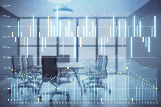 Multi exposure of stock market graph on conference room background. Concept of financial analysis © Andrey