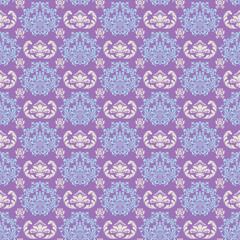 Colorful decorative background in retro style, bright color, purple seamless background with floral patterns. Repeating vintage texture pattern. Vector image
