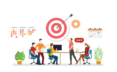 business plan target with team discussion to achieve target goals with to do list task and calendar icon - vector