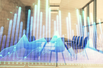 Multi exposure of stock market graph on conference room background. Concept of financial analysis