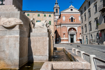 Fototapeta na wymiar fountain in federico II square at Jesi, Marche , Italy