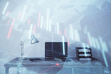 Stock market chart with globe hologram and desktop office computer background. Multi exposure. Concept of financial analysis.