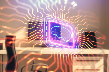 Brain sketch hologram with desktop office background. Double exposure. Brainstorm concept.