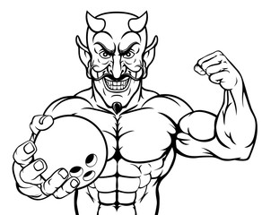 A devil Satan ten pin bowling sports mascot cartoon character man holding a ball