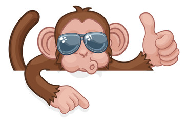 A monkey cool cartoon character animal wearing sunglasses peeking over a sign, giving a thumbs up and pointing.