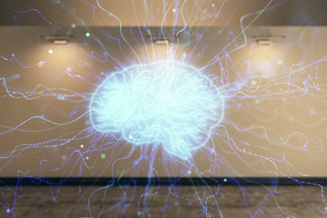Double exposure of brain drawings hologram on empty room interior background. Data concept.