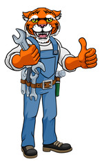 A tiger cartoon animal mascot plumber, mechanic or handyman builder construction maintenance contractor holding a spanner or wrench and giving a thumbs up