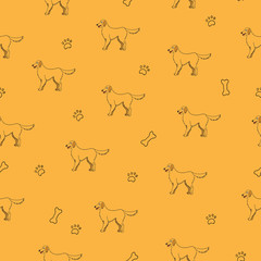 Seamless pattern with cartoon labrador retriever dog, bones and paws