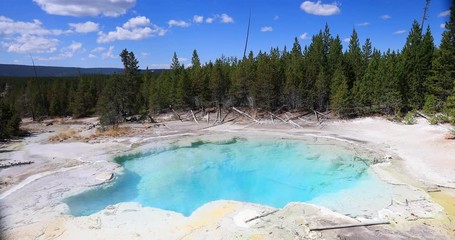 Yellowstone National Park beautiful blue geyser basin. Geothermal ecosystem environment. Super volcano biology, geography and ecology. Millions of tourist and visitors each year. 