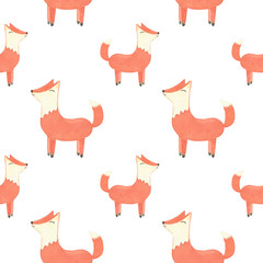 Watercolor hand drawn pastel colors seamless pattern. Cute baby fox on white background. Perfect for print  kids, covers, fabric.