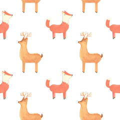 Watercolor hand drawn pastel colors seamless pattern. Cute baby fox on white background. Perfect for print  kids, covers, fabric.