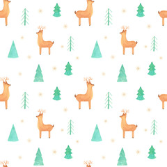 Watercolor hand drawn pastel colors seamless pattern. Winter forest theme with trees, baby fox, deer on white background.