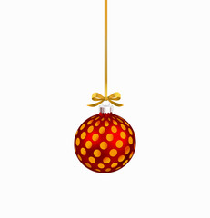 Christmas ornament with gold ribbon and dotted pattern. Vector Illustration.