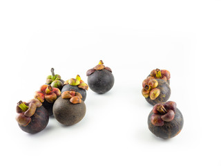 Isolated tropical fruits. mangosteens isolated on white background, Mangosteen spread