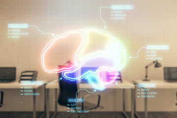 Brain icon hologram with office interior on background. Double exposure. Concept of education