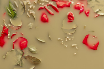 Red petals in brown colored water