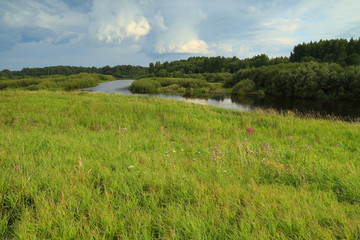 Landscape, view from the steep bank of the river, wilderness.