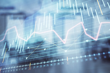 Stock market chart with trading desk bank office interior on background. Double exposure. Concept of financial analysis