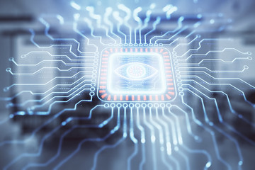 Technology theme drawing with office interior on background. Multi exposure. Concept of innovation