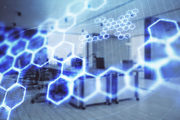 Technology theme drawing with office interior on background. Multi exposure. Concept of innovation