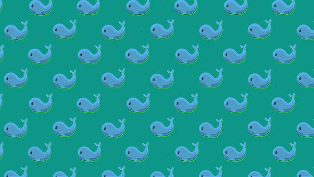 A pleasant animation: a repeated pattern of a blue whale, moving to the upper left angle, over a watery green background.