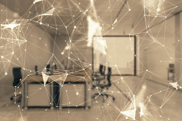 Technology theme drawing with office interior on background. Multi exposure. Concept of innovation